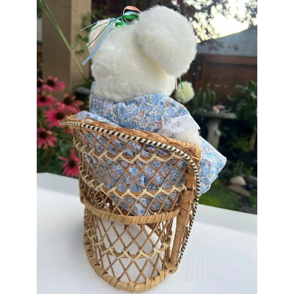 1970’s Vintage Mini Wicker Rattan Doll Chair + Bunny Cottagecore Boho Decor